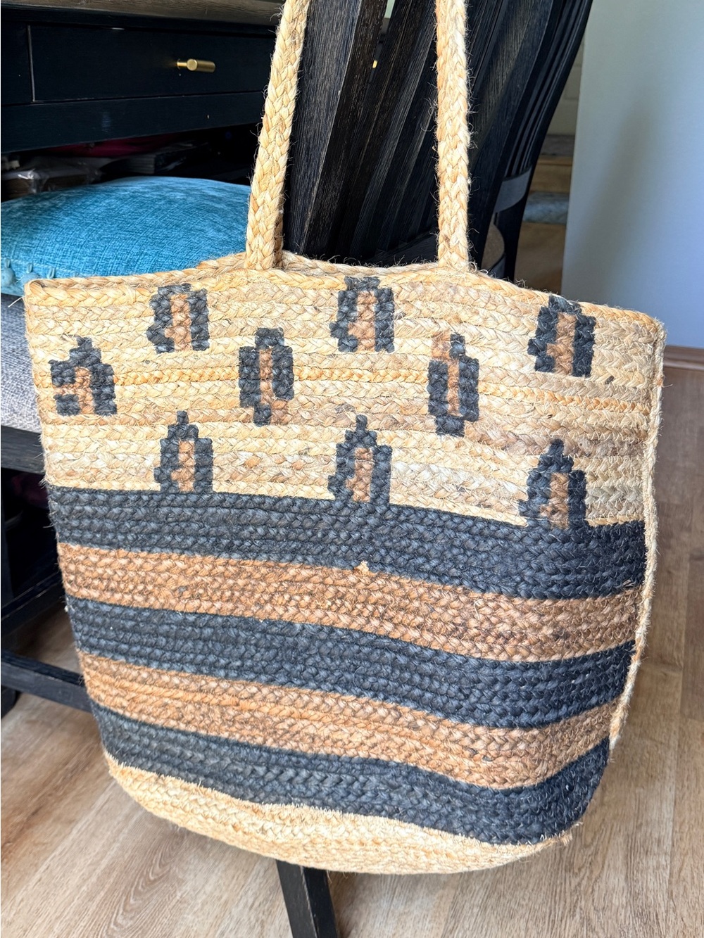 Natural Jute Large Shopping Bag Leopard Stripe Boho Chic